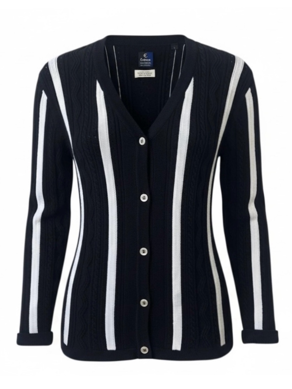 Callaway Black and White Stripe Button Down Long Sleeve Cable Knit Cardigan
